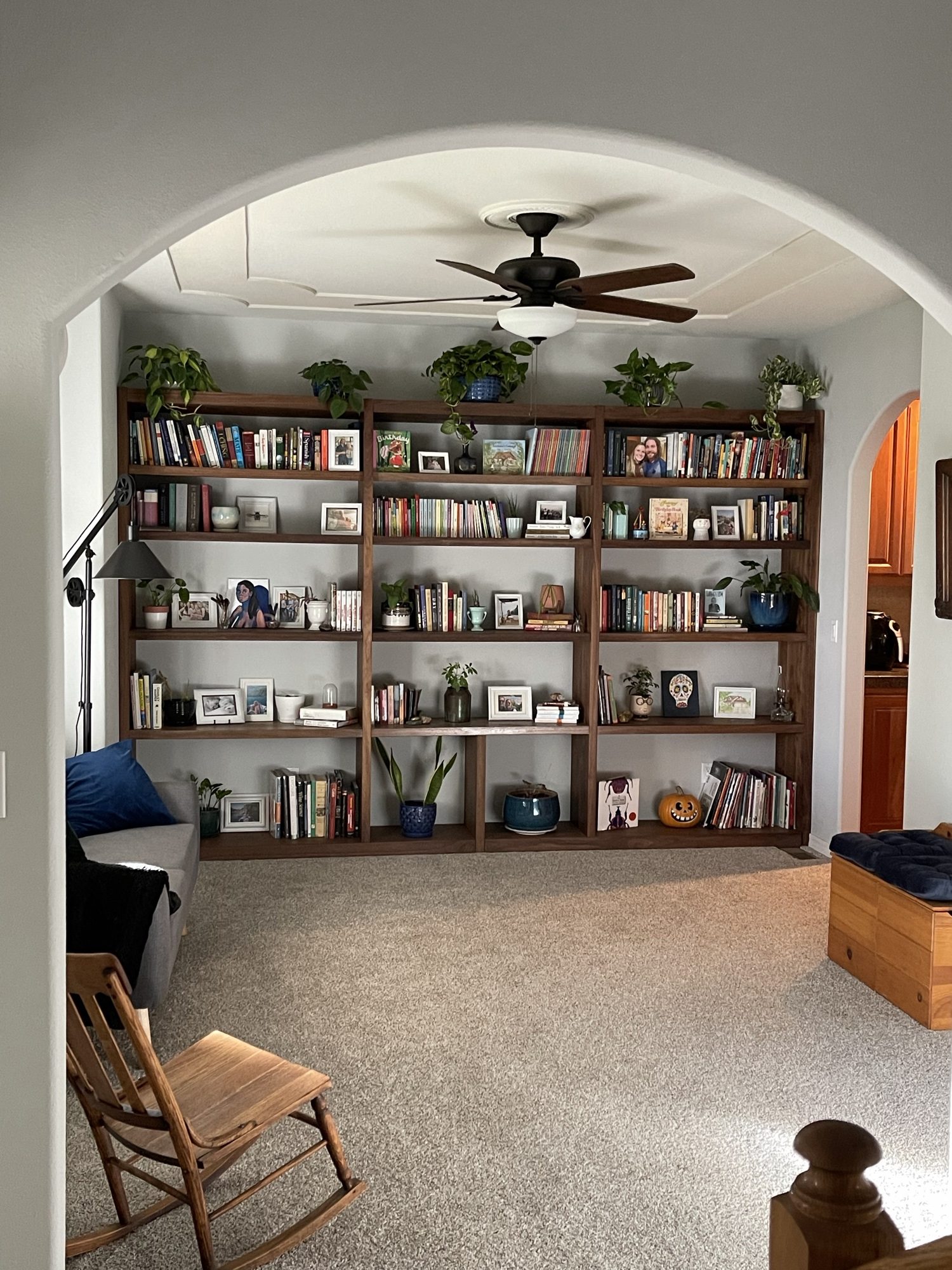 Styled built-in walnut bookshelf with books and plants near an arched doorway